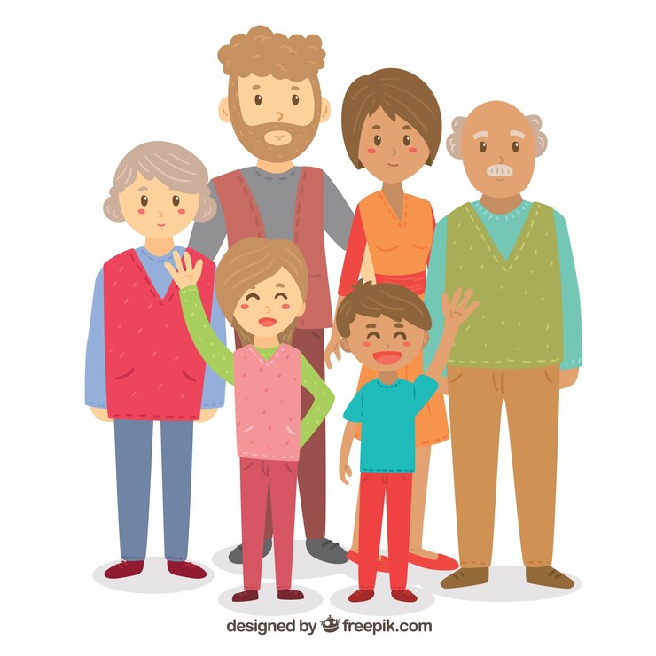Vector gratuito gran familia feliz con estilo de dibujo a mano