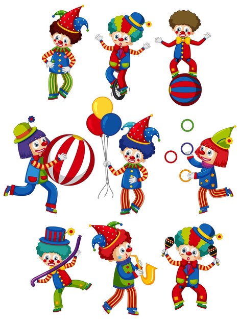 Gran grupo de payasos de circo haciendo diferentes trucos.