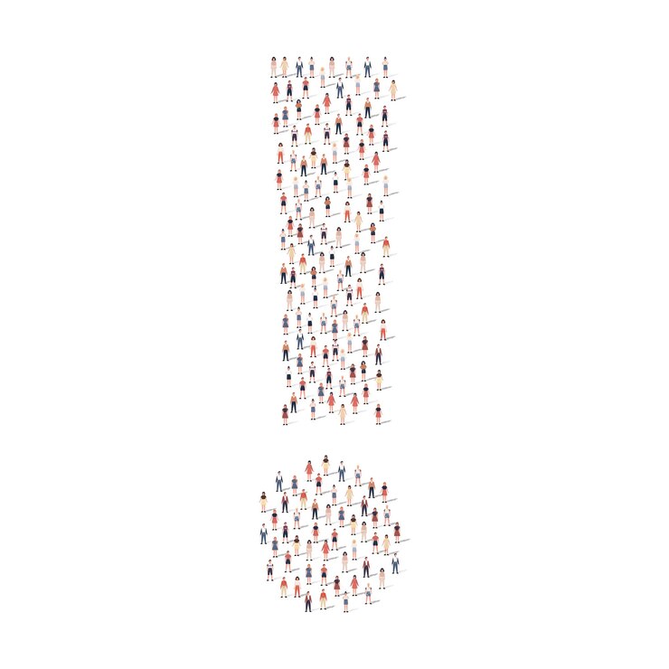 Gran grupo de personas diferentes siluetas amontonadas en forma de exclamación Ilustración vectorial
