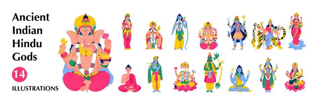 Gran icono aislado de los antiguos dioses hindúes indios con shiva brahma ganesha budha y varios otros dioses ilustración vectorial