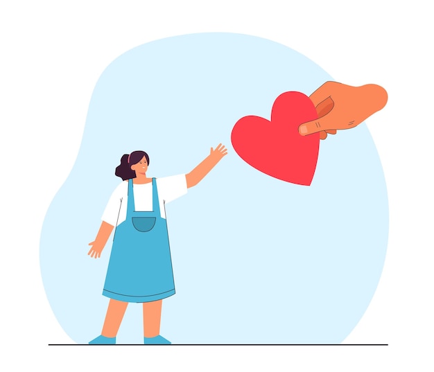 Vector gratuito gran mano dando corazón a niña. familia que adopta o cuida a un niño ilustración vectorial plana. día o cuidado de niños, amor, adopción, concepto de caridad para banner, diseño de sitio web o página de inicio