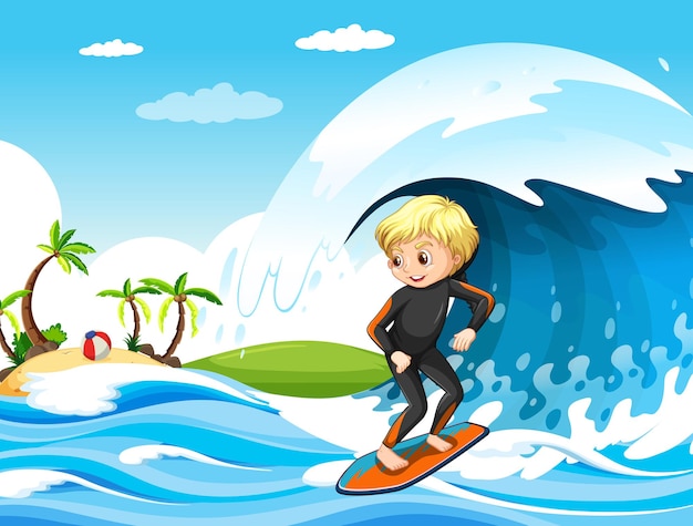 Vector gratuito gran ola en la escena del océano con un niño parado sobre una tabla de surf