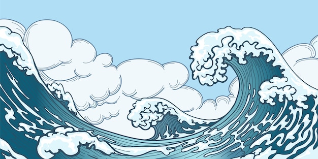 Gran ola del océano en estilo japonés. Salpicaduras de agua, espacio de tormenta, naturaleza meteorológica. Dibujado a mano ilustración de vector de ola grande