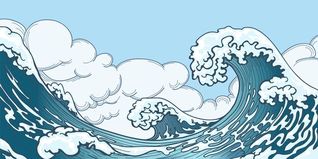 Gran ola del océano en estilo japonés. Salpicaduras de agua, espacio de tormenta, naturaleza meteorológica. Dibujado a mano ilustración de vector de ola grande