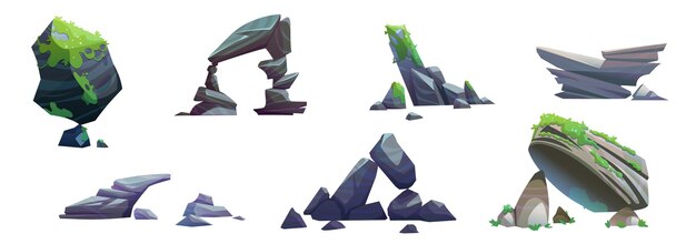 Gran piedra de montaña gris con musgo y hierba