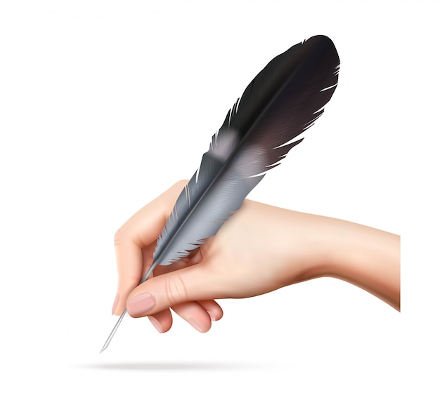 Vector gratuito gran pluma para escribir en la mano en la ilustración de vector realista de fondo blanco