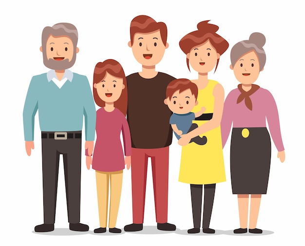 Vector gratuito gran retrato de familia con tres generaciones como abuelo, abuela, padre, madre e hijos de diferentes edades juntos