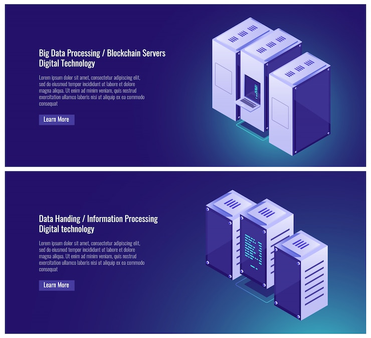 Vector gratuito grande, procesamiento de datos, sala de servidores, hosting, blockchian, entrega de datos, computadora