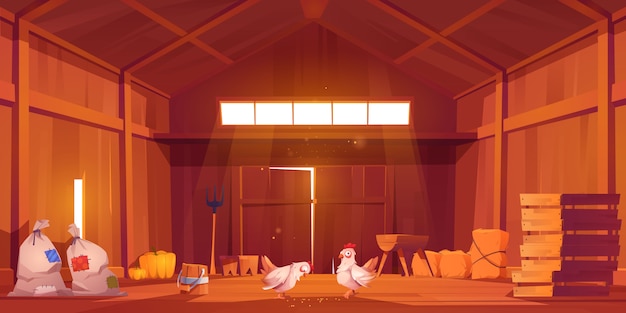 Vector gratuito granero interior con pollo, casa de campo vista interior