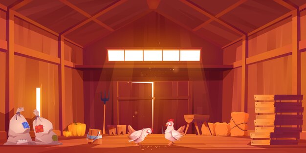 Granero interior con pollo, casa de campo vista interior