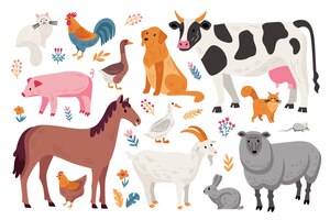 Vector gratuito granja de animales domésticos y mascotas conjunto plano con caballo gallina gato perro oveja conejo cerdo sobre fondo blanco con flores y hojas ilustración vectorial aislado