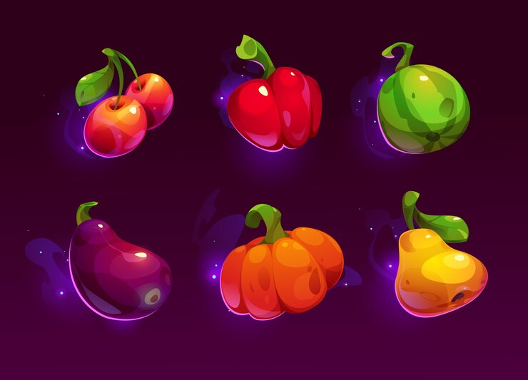 Vector gratuito granja comestible comida ui juego interfaz icono ilustración vectorial verduras y frutas frescas para el diseño de supermercado brillante sandía cereza calabaza pera berenjena y pimienta granjero cosecha clipart