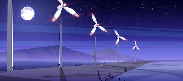 Vector gratuito granja de energía sostenible con turbinas eólicas en la noche ilustración vectorial de generación de energía alternativa industria eléctrica limpia paisaje de dibujos animados con molinos de viento montañas y luna en el cielo