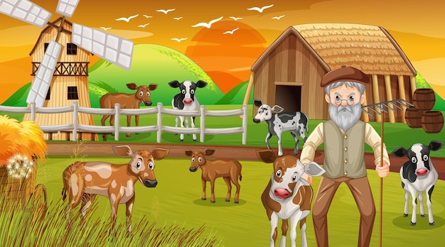 Vector gratuito granja en la escena del atardecer con el viejo granjero y animales de granja