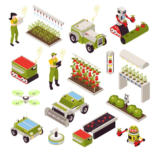 Granja inteligente isométrica con íconos aislados de plantas vegetales y máquinas automatizadas con operadores humanos ilustración vectorial