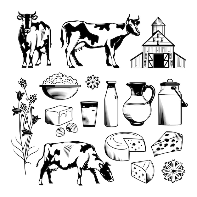 Granja de leche grabado conjunto dibujado a mano de requesón crema agria productos naturales ilustración vectorial aislado