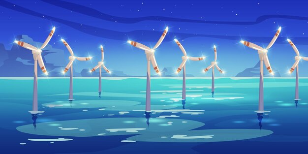 Granja nocturna en alta mar con molinos de viento en agua de mar