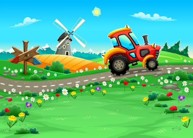 Vector gratuito una granja con un tractor