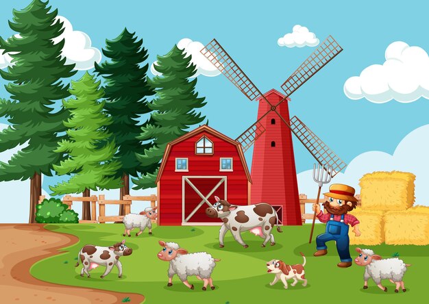 Granjero con granja de animales en escena de la granja en estilo de dibujos animados