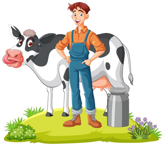 granjero, hombre, con, leche, vaca, caricatura