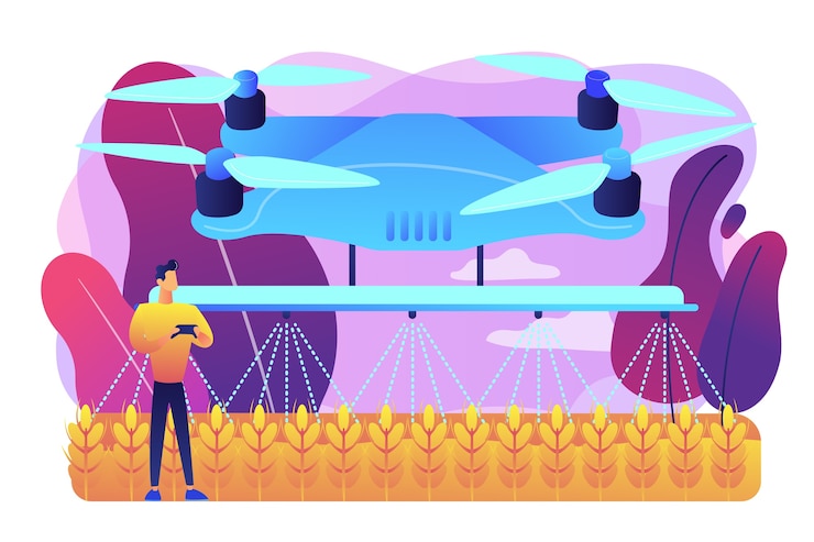 Vector gratuito granjero inteligente que controla la fumigación con drones agrícolas o el riego de cultivos. uso de drones agrícolas, agricultura de precisión, nuevo concepto de tendencia agrícola. ilustración aislada violeta vibrante brillante