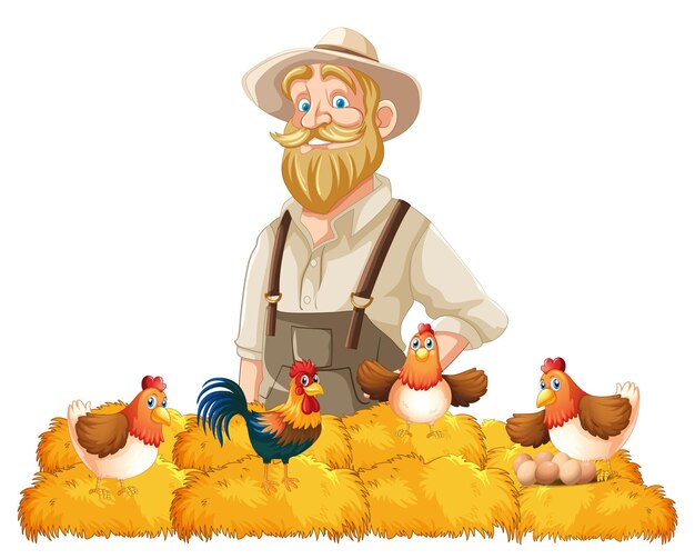 Granjero con pollos en el heno