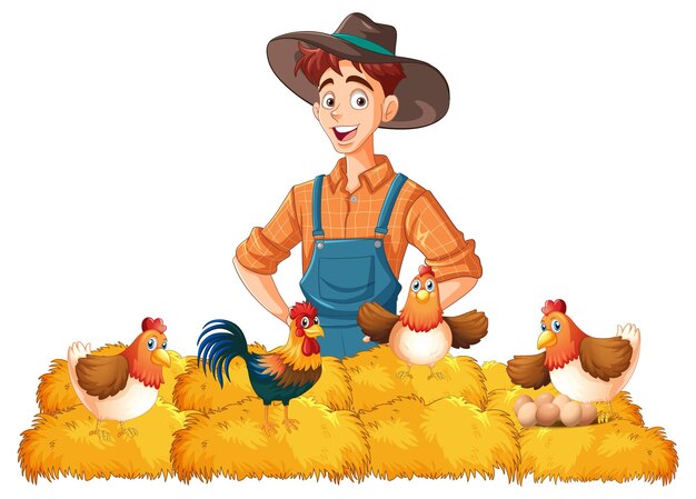 Granjero con pollos en el heno