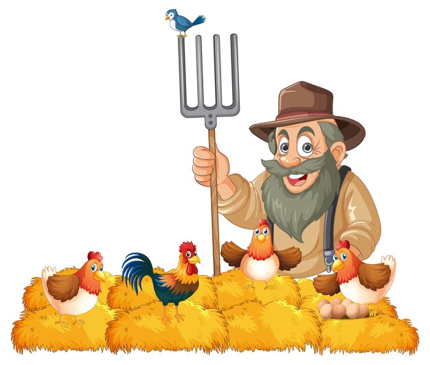Granjero con pollos y pajar