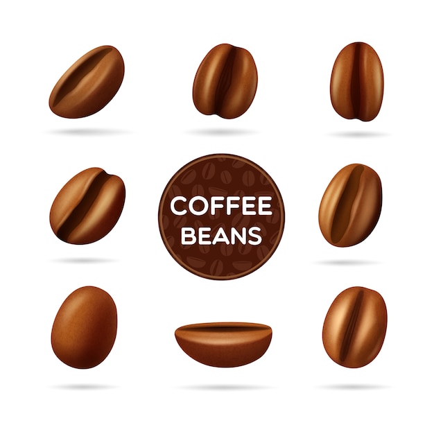 Granos de café tostado oscuro establecidos en diferentes posiciones y etiqueta redonda