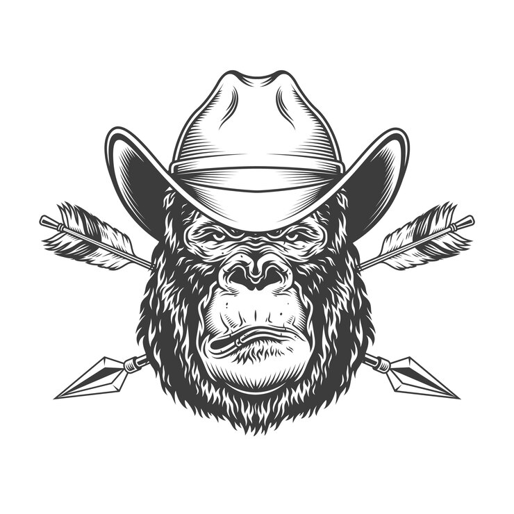 Vector gratuito grave cabeza de gorila con sombrero de vaquero