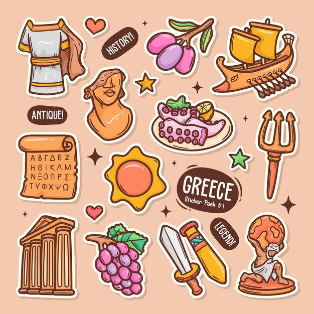 Grecia Cute Doodle Vector Sticker Collection