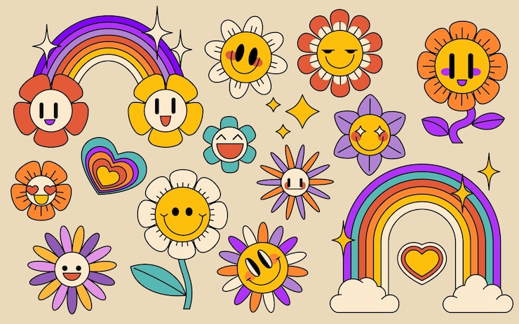 Vector gratuito groovy retro flower and rainbow collection