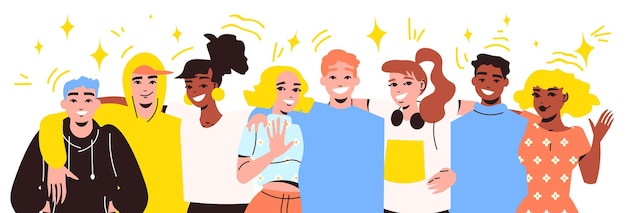 Vector gratuito grupo de adolescentes felices abrazando a niñas y niños ilustración vectorial plana