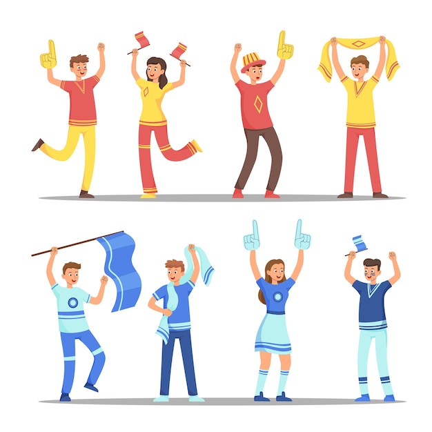 Vector gratuito grupo de aficionados al fútbol o al fútbol conjunto de ilustraciones vectoriales planas. equipo de hombres y mujeres de dibujos animados felices con banderas y bufandas, chicas y chicos como espectadores, multitud de personas. deportes, concepto de apoyo