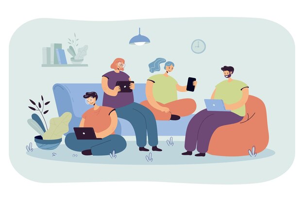 Grupo de amigos con dispositivos digitales reunidos en casa, sentados juntos. Ilustración de dibujos animados