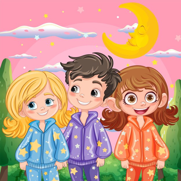 Grupo de amigos en pijama en el jardín.