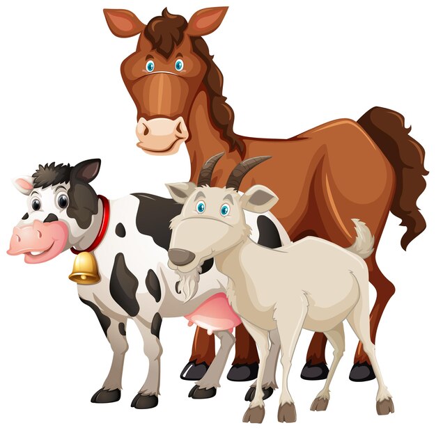 Grupo de animales de granja caballo, vaca y oveja aislado sobre fondo blanco.