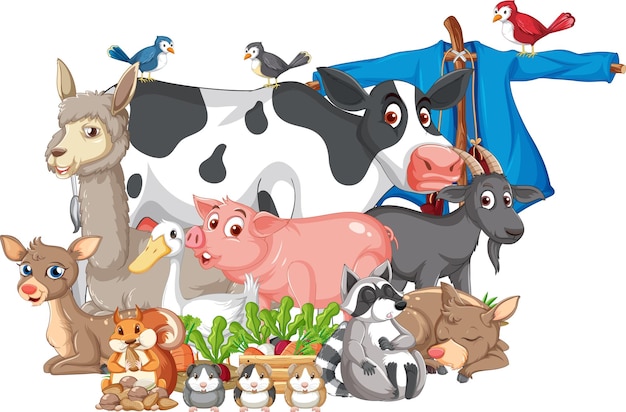 Vector gratuito grupo de animales de granja sentados junto al espantapájaros