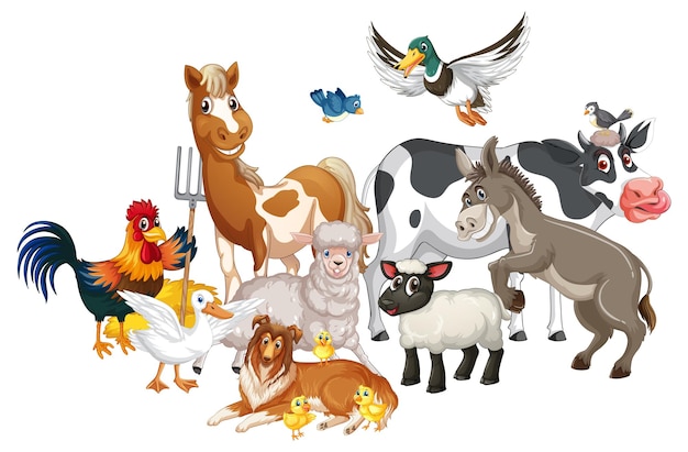Un grupo de animales de granja sobre fondo blanco.