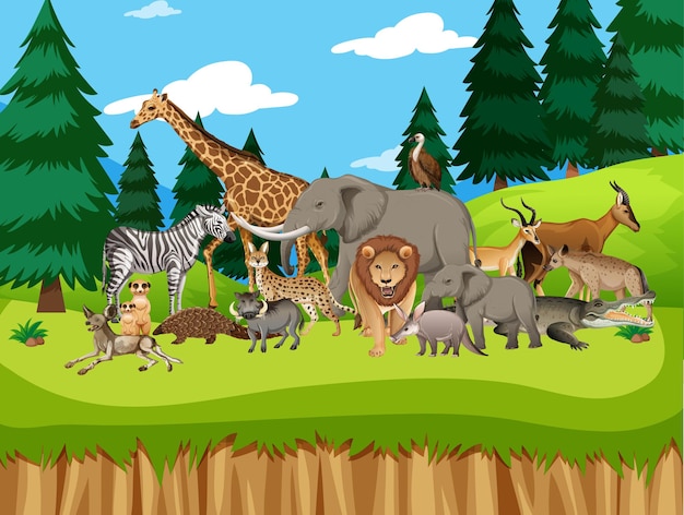 Vector gratuito grupo de animales salvajes africanos en la escena del bosque