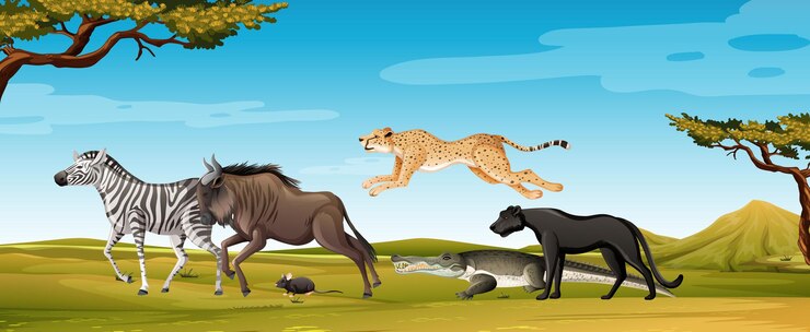 Vector gratuito grupo de animales salvajes africanos en la escena del bosque.