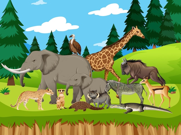 Vector gratuito grupo de animales salvajes africanos en la escena del bosque.