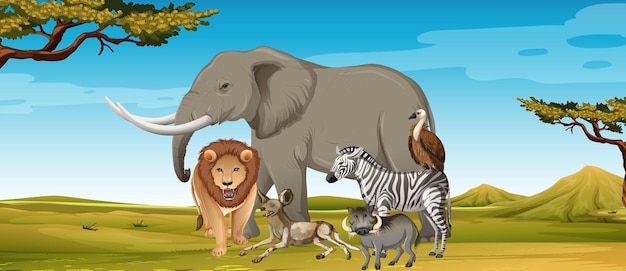 Vector gratuito grupo de animales salvajes africanos en la escena del zoológico.