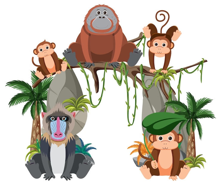 Vector gratuito grupo de animales salvajes sobre un fondo blanco