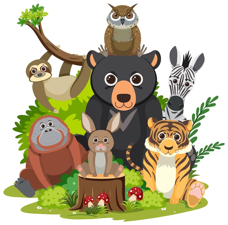 Vector gratuito grupo de animales salvajes sobre fondo blanco.