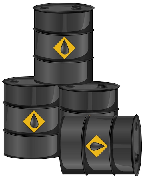 Grupo de barril de petróleo en estilo de dibujos animados aislado sobre fondo blanco.