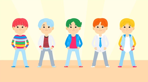 Vector gratuito grupo de chicos jóvenes de k-pop