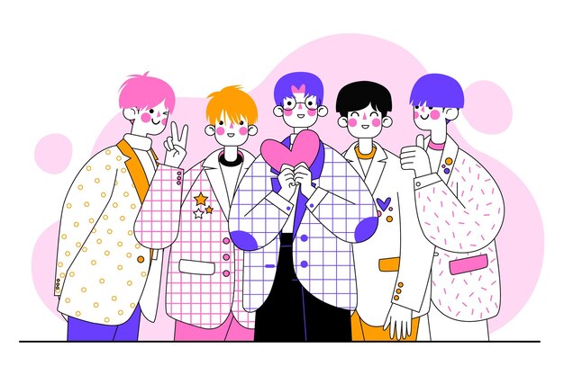 Grupo de chicos de k-pop ilustrados.