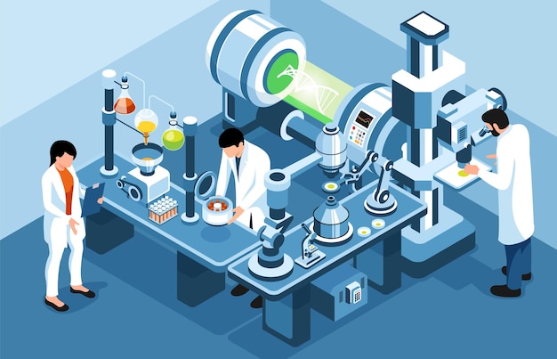 Grupo de científicos que realizan investigaciones de ADN en laboratorios de biotecnología Ilustración vectorial isométrica