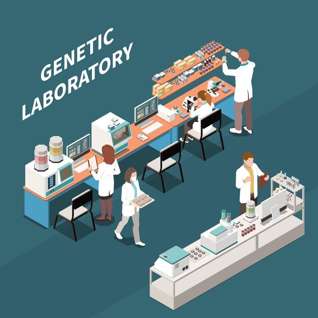 Grupo de científicos que trabajan en el laboratorio de genética ilustración isométrica 3d
